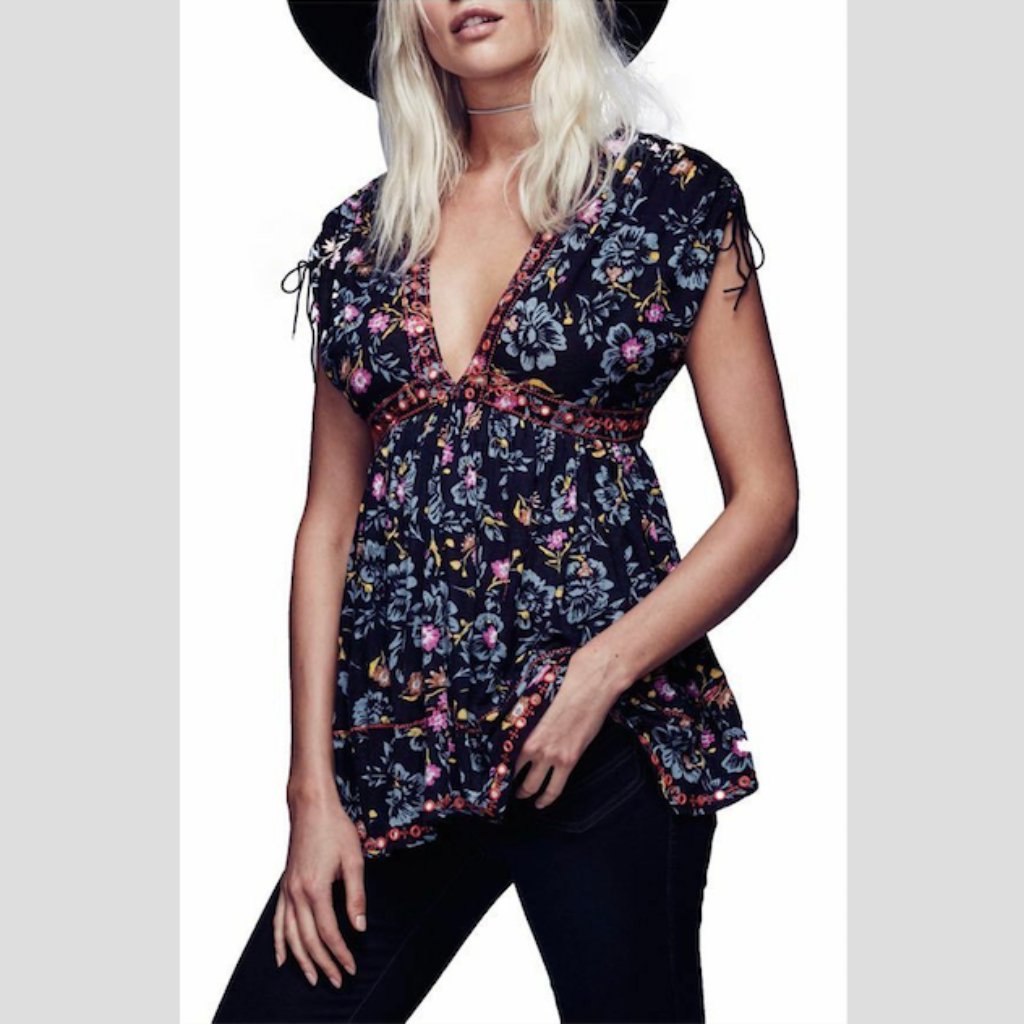 Free People Escapades Floral Tee In Black - Xs,S